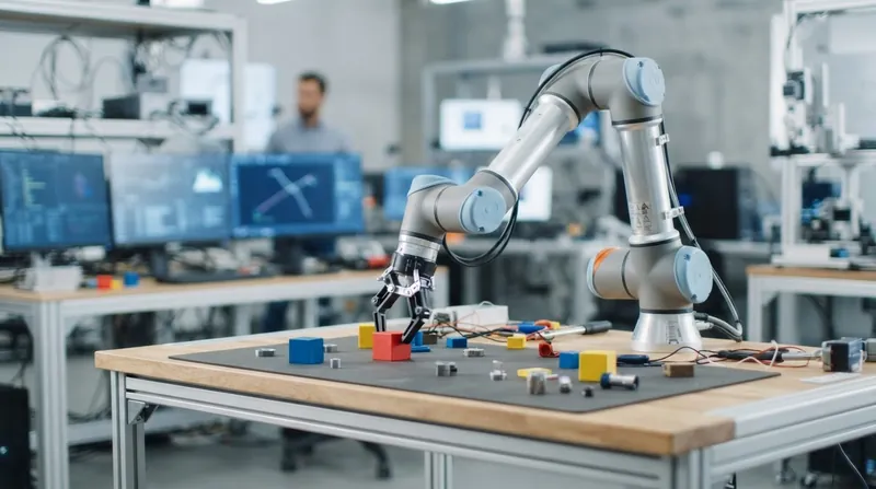 A modern robotic arm in a laboratory setting reaching toward a complex object on a table.