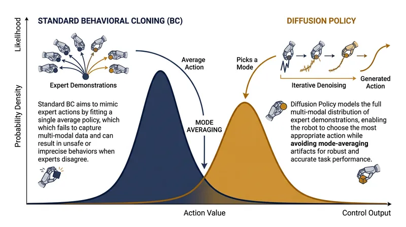 Unlike traditional algorithms that average contradictory demonstrations, diffusion policies commit to a single valid strategy.