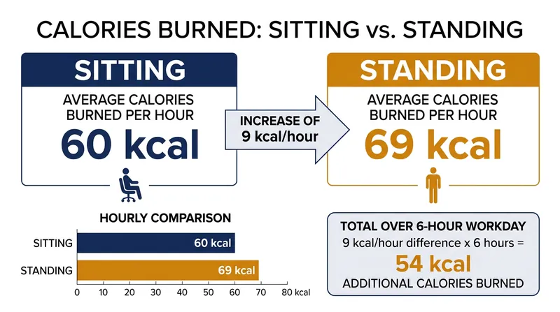 The marginal energy cost of standing is just 9 extra calories an hour for a standard 65-kilogram adult.