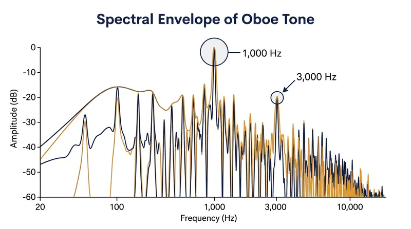 The oboe's spectral envelope features a massive harmonic peak at 3,000 hertz, allowing it to cut through dense orchestral textures.