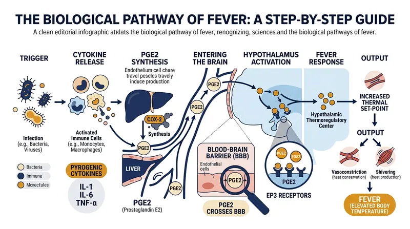 Prostaglandin E2 serves as the chemical messenger that crosses the blood-brain barrier to initiate a fever.