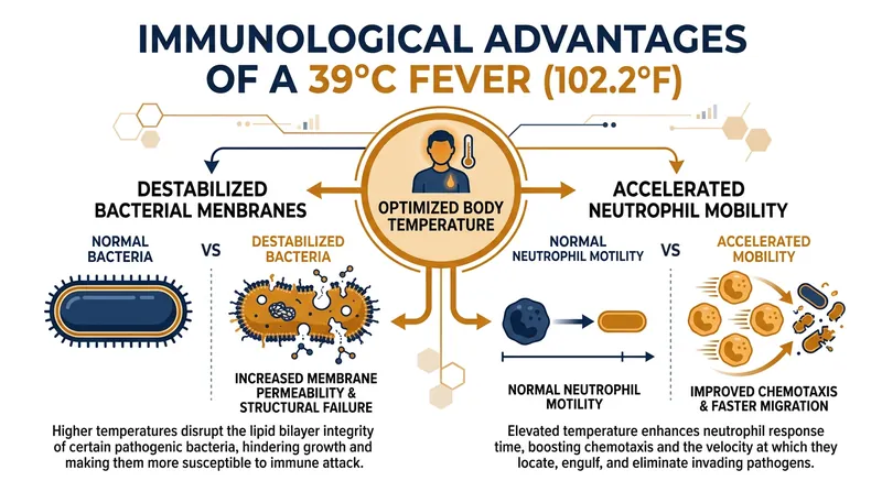 Elevated core temperatures physically destabilize invading pathogens while hyper-activating the host's white blood cells.