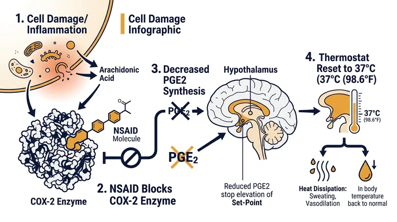 Antipyretic medications eliminate fevers by severing the chemical signal, forcing the brain to abandon its elevated thermal target.