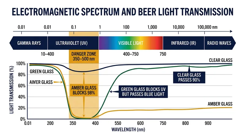 Amber glass absorbs nearly all light in the 350–500 nanometer range, preventing riboflavin from reaching an excited state.