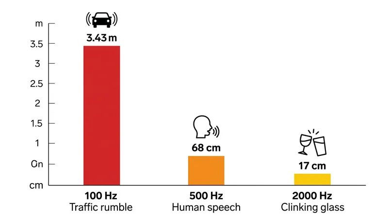 Low-frequency sounds possess massive physical wavelengths, pushing their quarter-wavelength velocity peaks far away from the wall.