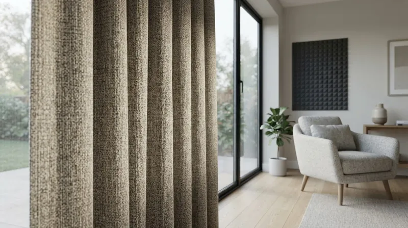 Heavy velvet curtains drawn across a large window in a modern, warmly lit living room setting.