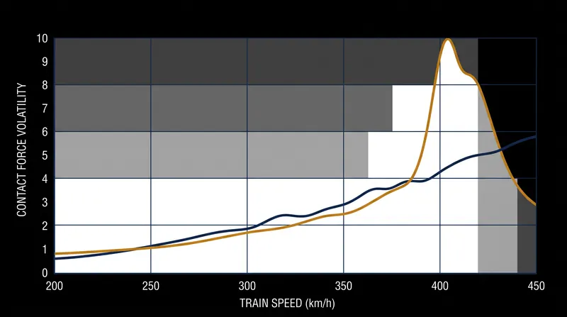 As train speed approaches the wave propagation speed, contact force volatility spikes, leading to physical separation.