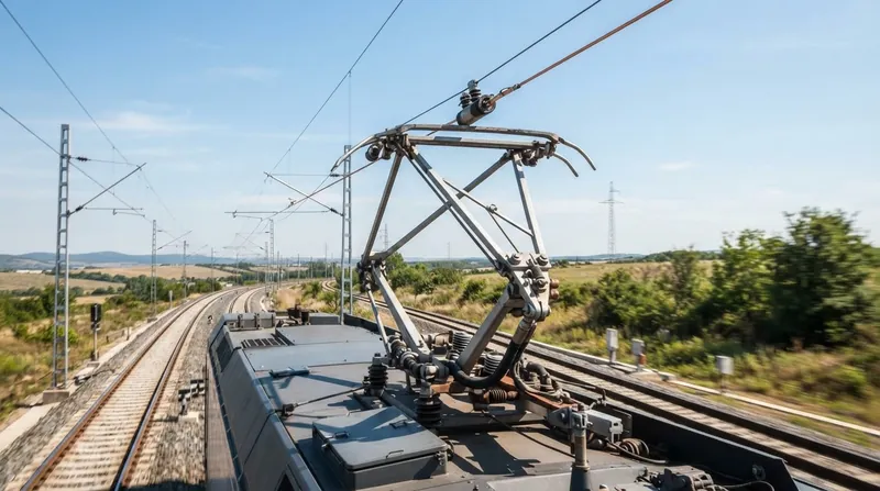 A close-up view of a high-speed train's pantograph sliding against a taut copper overhead wire.