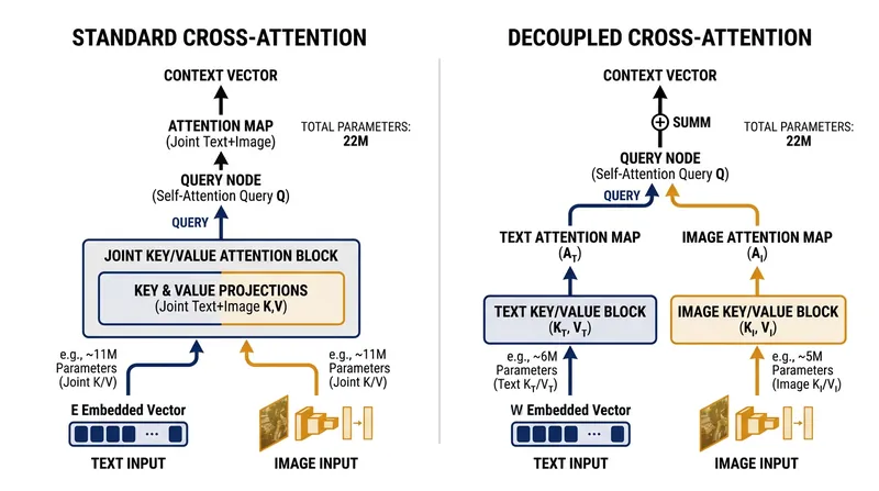 By duplicating only the Key and Value matrices, decoupled attention isolates modalities before they merge.