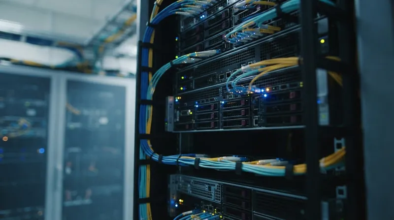 A brightly lit aisle of black enterprise database server racks with glowing blue and green activity lights.