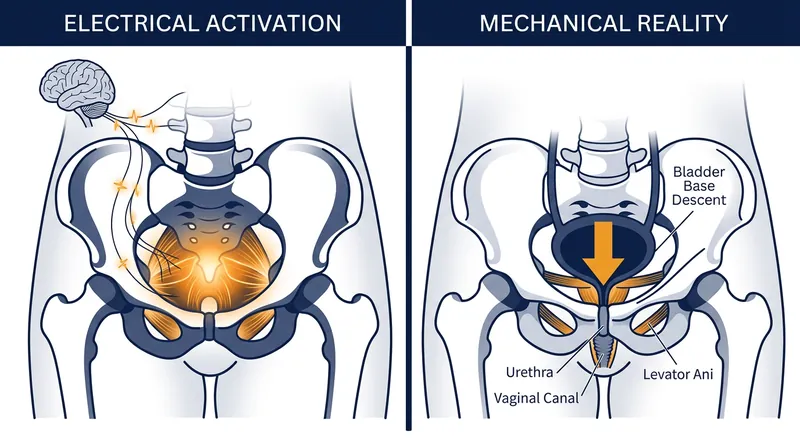 While electromyography shows the pelvic floor muscles activating during a thigh squeeze, ultrasound imaging reveals they are actually being pushed downward.