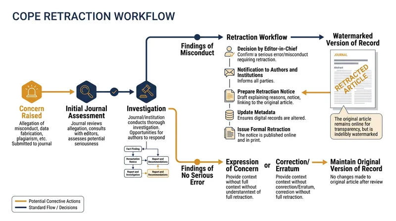 The standard editorial workflow for investigating and retracting flawed scientific research.