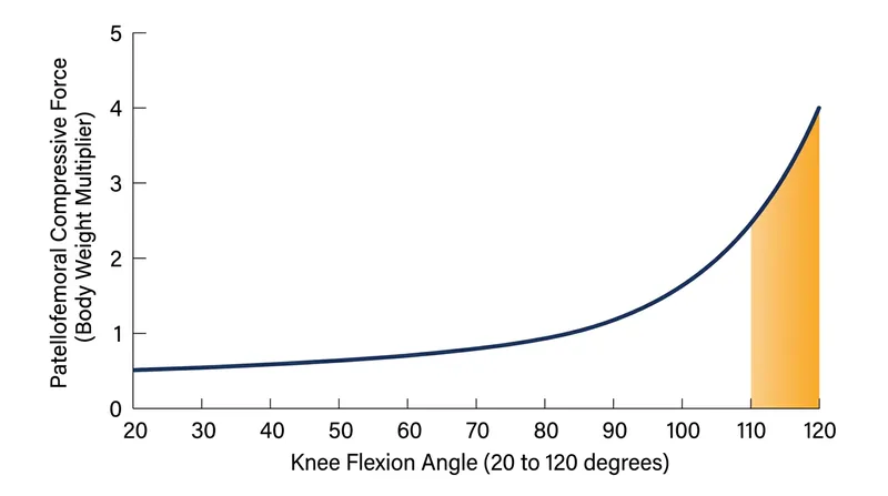 Compressive force on the kneecap scales non-linearly, spiking dramatically when the knee bends past 90 degrees.