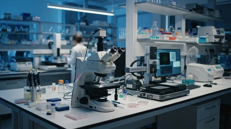 Robotic arms handling clear multi-well plates in a brightly lit, modern autonomous biology laboratory.