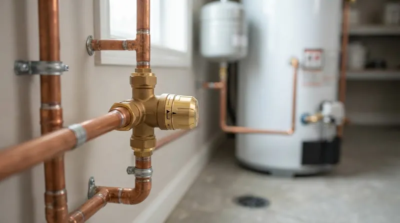 Illustration: Thermostatic mixing valves allow tanks to store water at 60°C to kill bacteria while delivering cooler water to the taps.