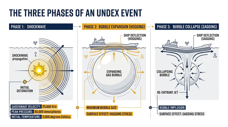 The three phases of an underwater explosion (UNDEX) event.