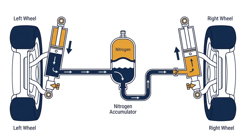 In a cross-linked system, fluid from the compression and rebound chambers intersects at a central nitrogen accumulator.