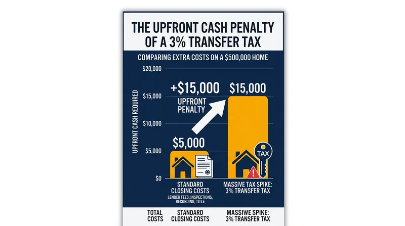 A 3% transfer tax adds $15,000 in pure cash requirements to the purchase of a median $500,000 home.