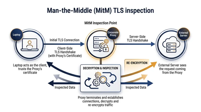 How a corporate proxy intercepts and decrypts secure web traffic.