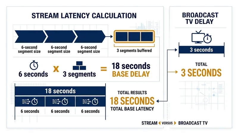 The mathematical floor of standard HTTP streaming latency is dictated by the three-segment buffer.