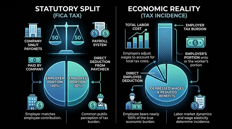 While the law splits payroll taxes evenly, the inelasticity of labor supply forces workers to bear almost the entire cost.