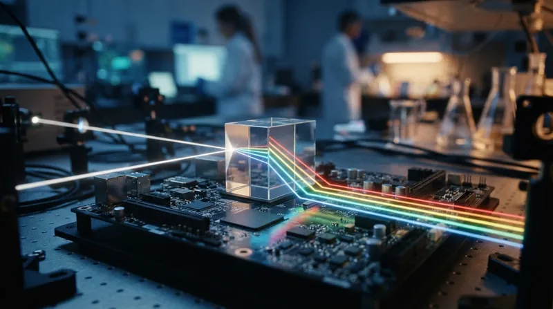 Close-up of a glowing silicon microchip with intricate gold and copper pathways on a dark background.