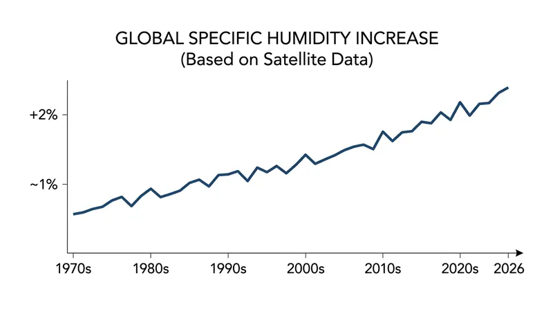 Satellite observations confirm that specific humidity is rising globally in lockstep with surface temperatures.