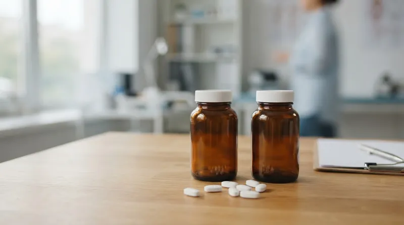 A close-up view of a patient's hand holding a single white statin pill above a daily medication organizer.