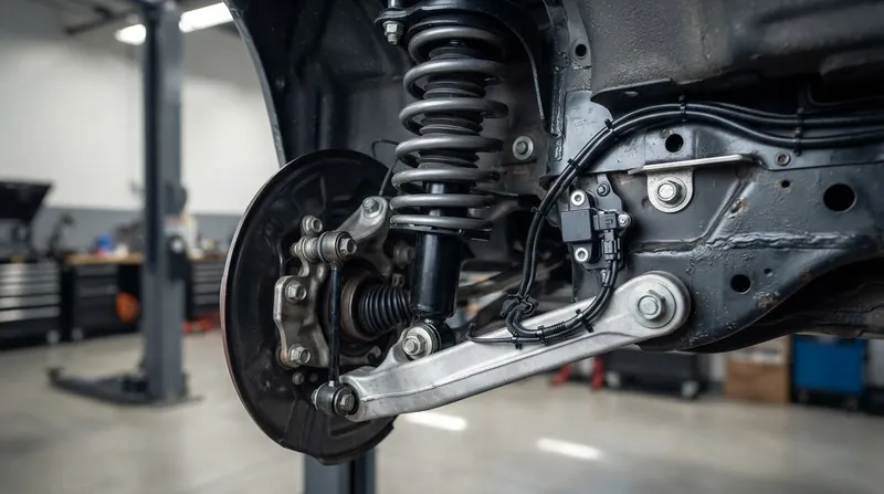 Close-up of a metallic car suspension control arm with a small electronic sensor attached via wiring.