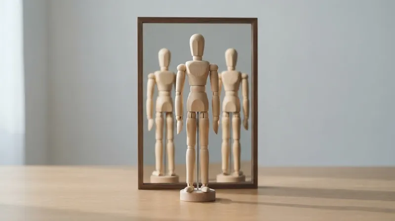 Illustration: The brain mentally rotates the body 180 degrees to map onto the reflection.