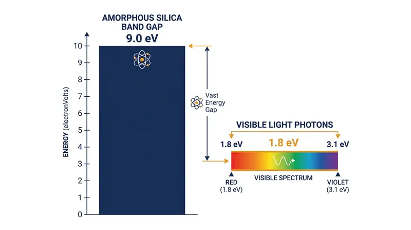 Visible light photons lack the energy required to bridge the 9.0-electron-volt band gap in amorphous silica.