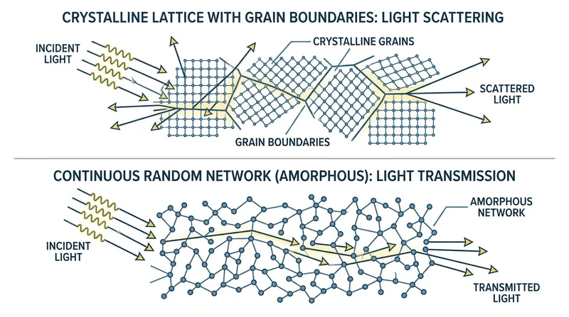 Unlike crystalline materials, the continuous random network of glass lacks the grain boundaries that scatter passing photons.