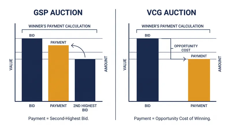 Unlike GSP auctions, VCG rules decouple the winner's final charge from the runner-up's exact bid.