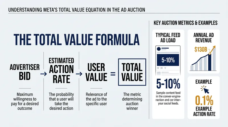 The three variables that determine which advertiser wins a placement in the Meta feed.