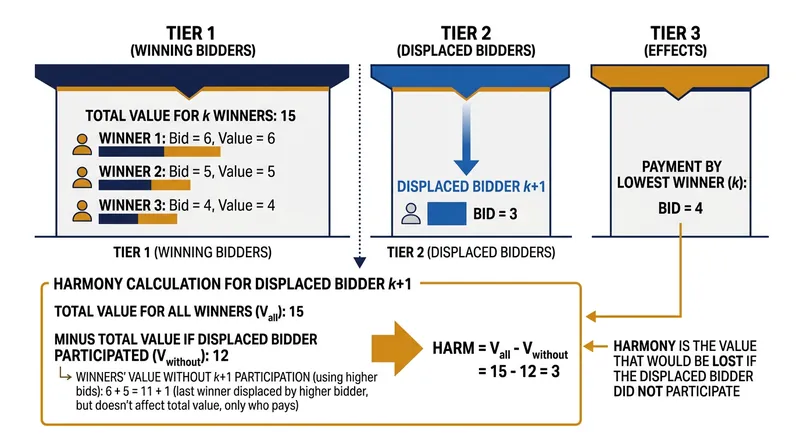 The VCG mechanism charges the winner the exact mathematical value of the displacement they cause.