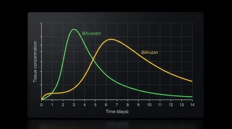 While the sequence is fixed, the visible peak of biliverdin (green) and bilirubin (yellow) varies based on the depth of the injury.