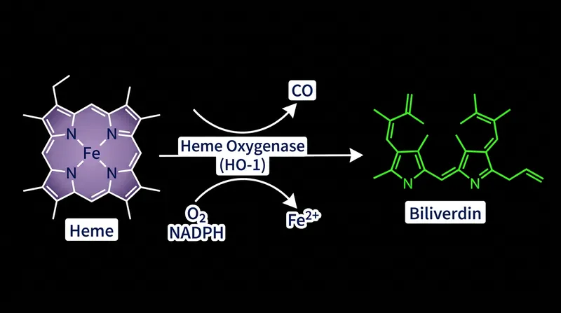 Heme oxygenase cleaves the porphyrin ring, releasing iron and creating the intensely green pigment biliverdin.