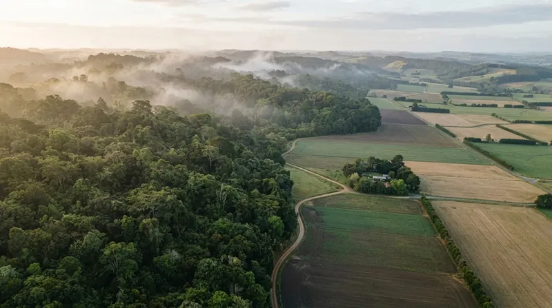 Aerial view showing a sharp dividing line between dense green tropical rainforest and bare, cleared agricultural land.