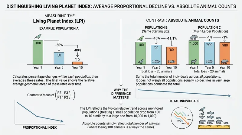 The index measures the average percentage change across distinct populations, rather than an absolute census of individual animals.