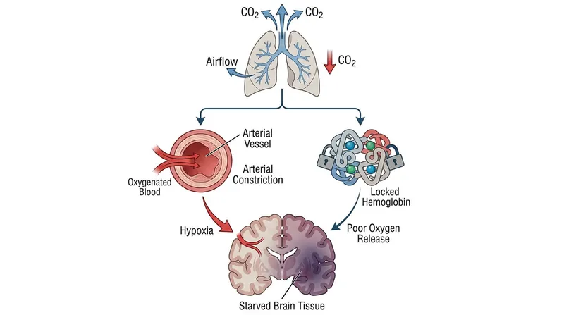 The dual deficit of hyperventilation: restricted blood flow combined with a chemical lock on oxygen release.