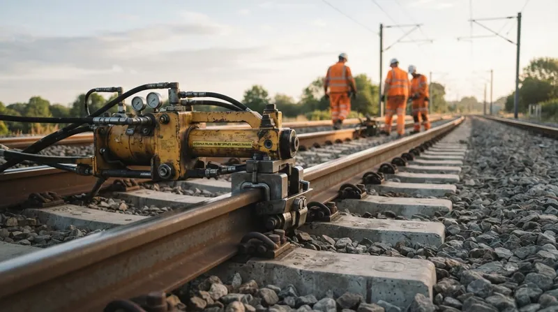 Illustration: Track gangs use hydraulic tensors to physically stretch the rail to its target neutral temperature before welding.