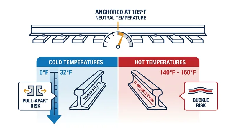 Railways bias the neutral temperature upward, forcing the rail to spend most of its life in tension rather than compression.