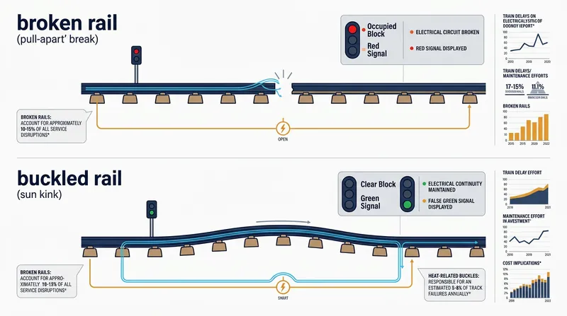 Track circuits fail-safe on a broken rail, but remain completely blind to a lateral buckle.