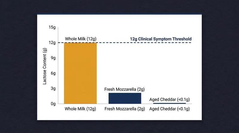 Aged hard cheeses contain a fraction of a percent of the lactose found in fluid milk, falling far below the threshold required to trigger symptoms.