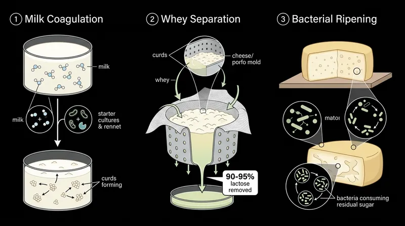 The physical separation of liquid whey removes the vast majority of water-soluble lactose before the cheese even begins to age.