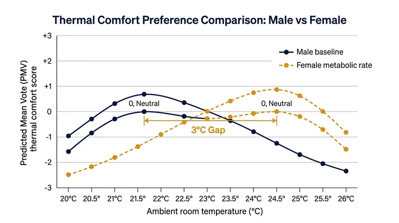 Lower metabolic heat production shifts the female thermal comfort zone roughly 3°C higher than the male baseline.