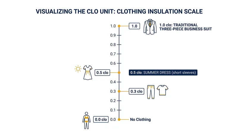 The ASHRAE 55 standard uses the 'clo' unit to measure how clothing insulation affects thermal comfort.