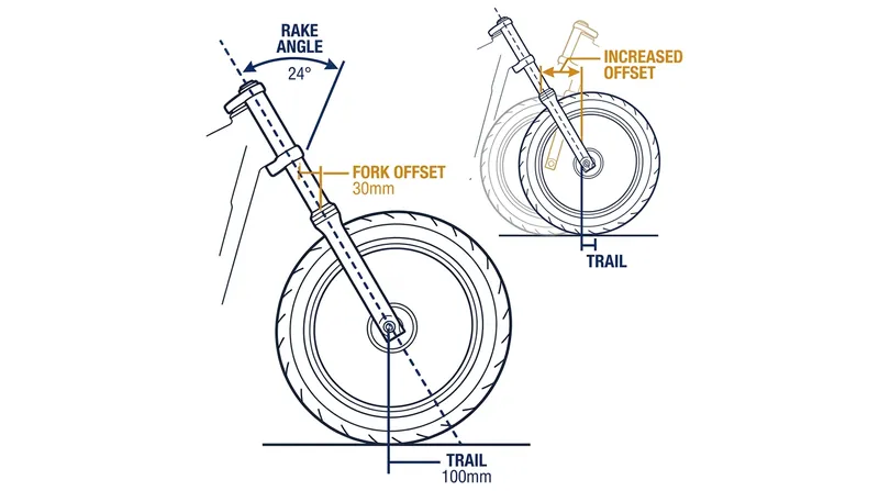 Because the steering axis is angled, pushing the fork tubes horizontally forward moves the tire's contact patch closer to the steering intercept.