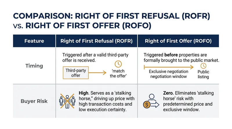 Switching to a Right of First Offer eliminates the stalking-horse risk for outside buyers.
