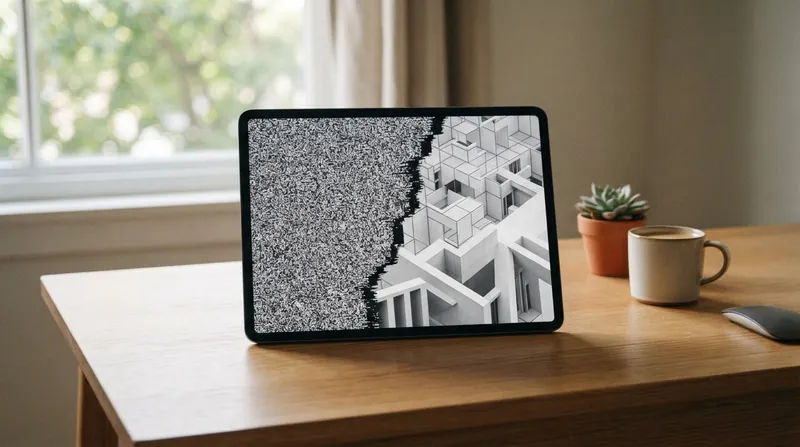 Abstract visualization of mathematical equations overlaid on a neural network graph dissolving into noise.